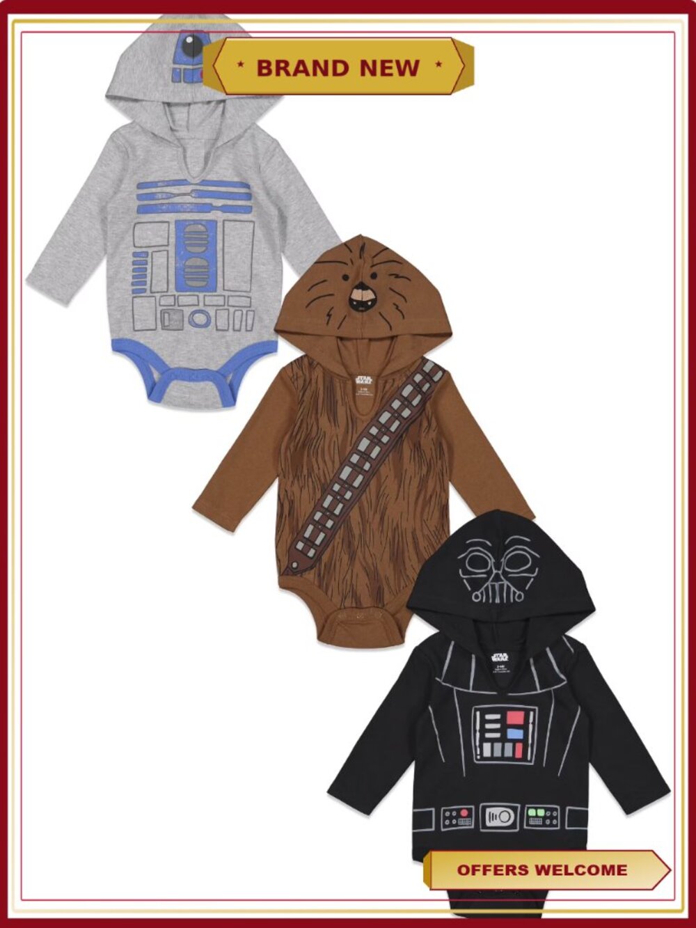 Star Wars Bodysuit Set Newborn Boys 3 Pack Darth Vader R2-D2 Chewbacca Long